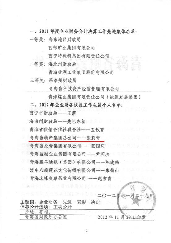 物產(chǎn)集團榮獲2011年度財務決算先進單位、2012年度財務快報工作先進個人表彰